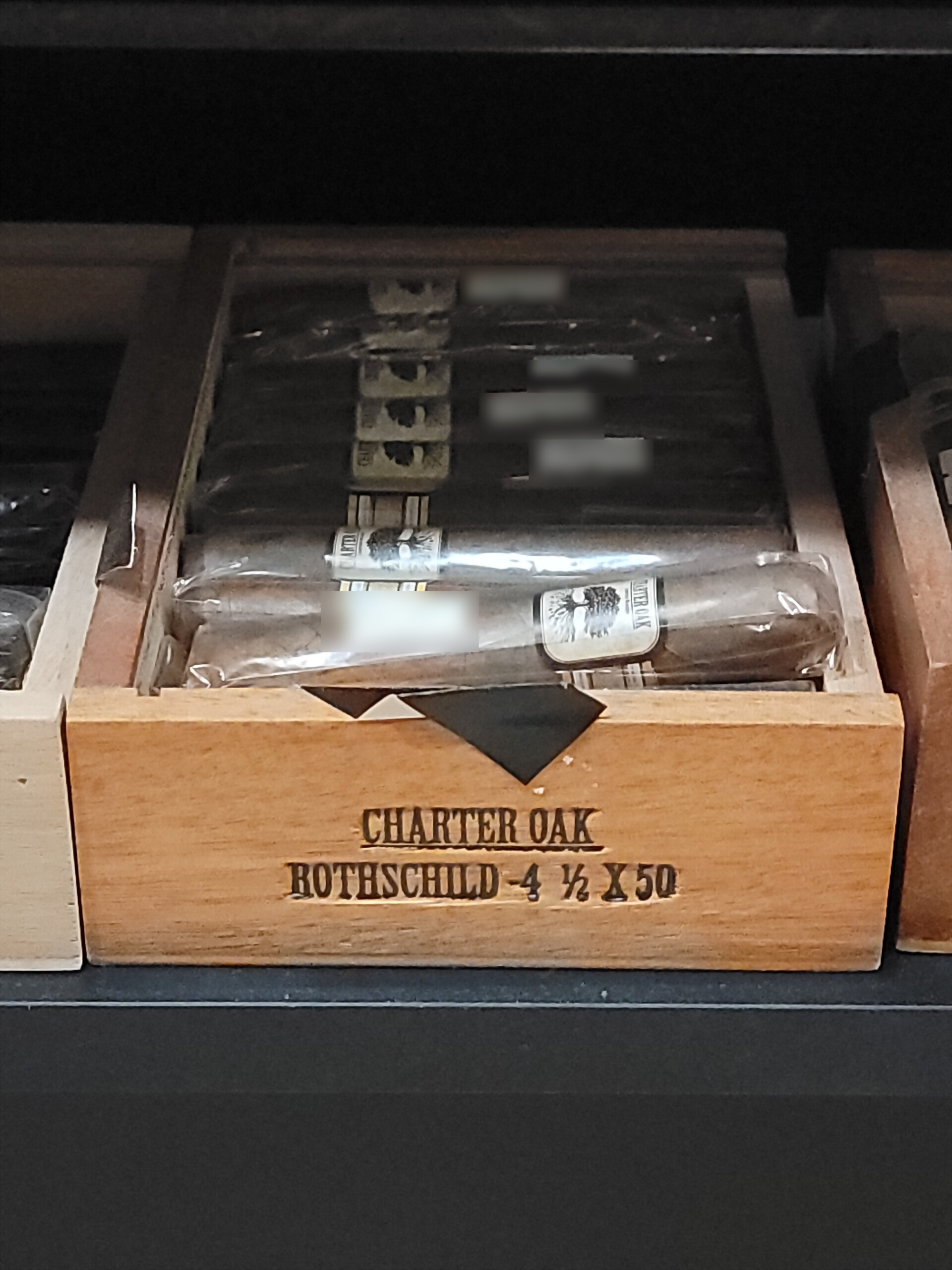 The Charter Oak Rothschild box open, a red divider laid over the cigars