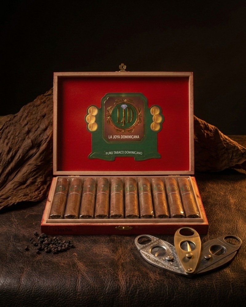 An open box of La Joya Dominicana Natural Robustos resting on leather, with whole tobacco leaves and two cutters alongside