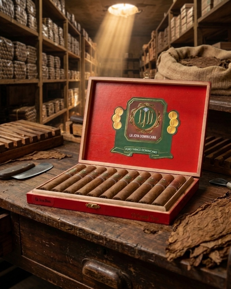A red-lacquer box of La Joya Dominicana Natural Grand Toro open at the rolling bench