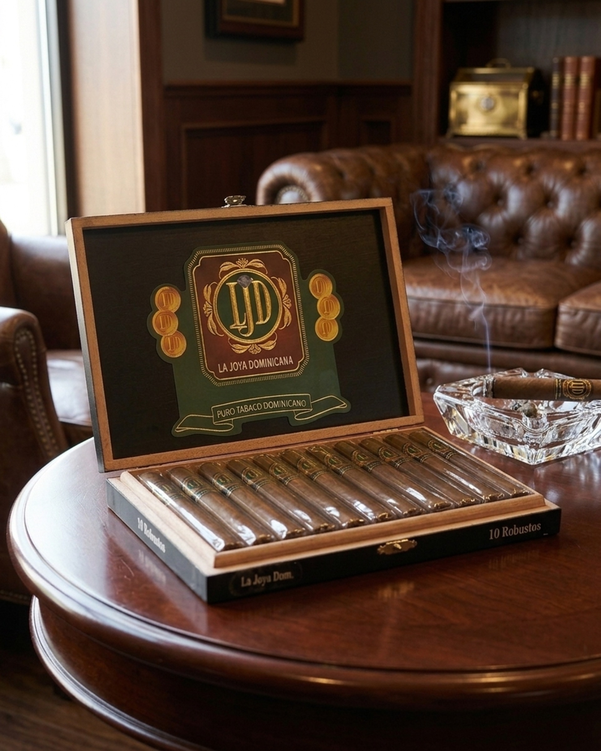 La Joya Dominicana Maduro cigar — On the lounge table