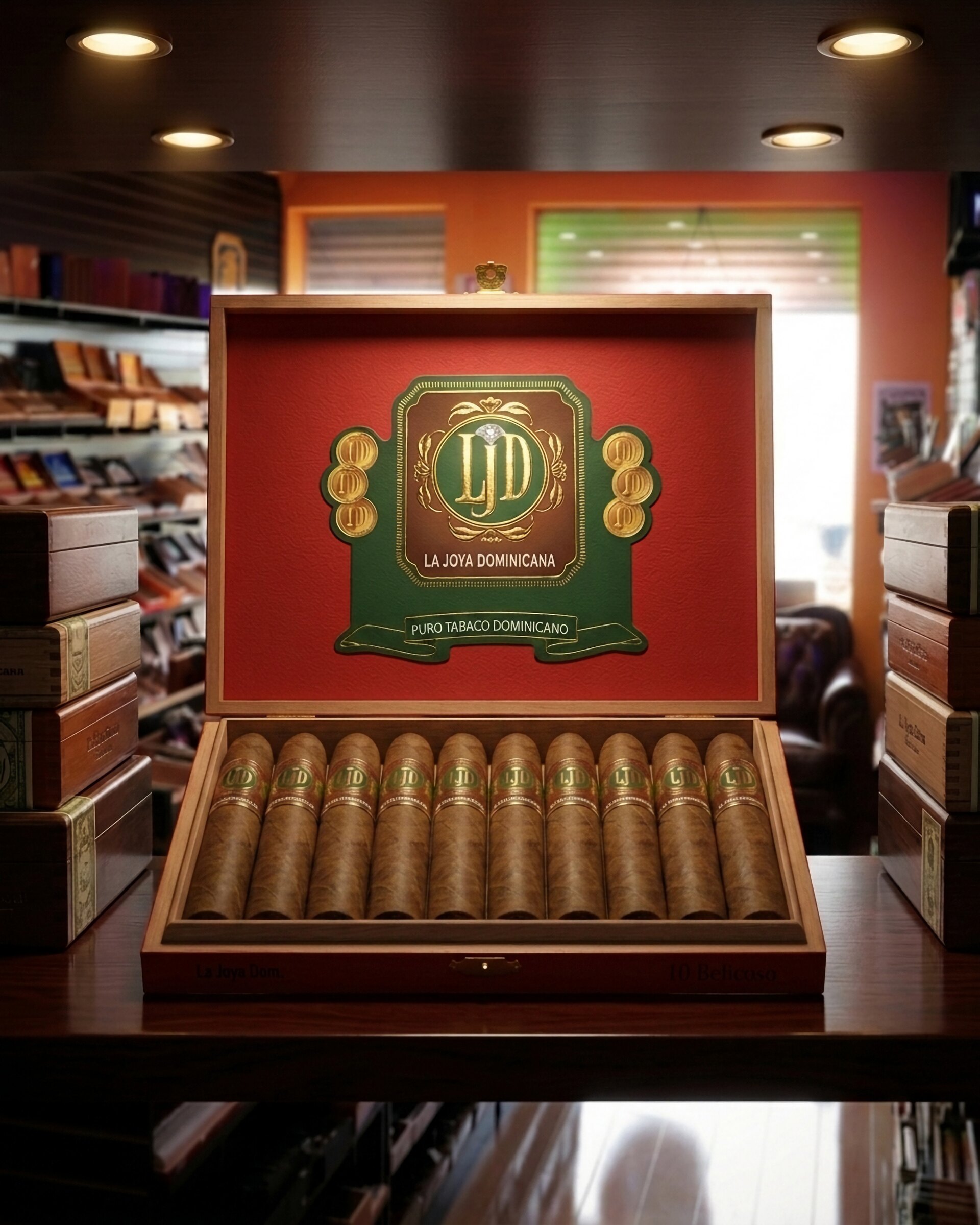 La Joya Dominicana Natural Belicoso cigar — Open on the shop counter